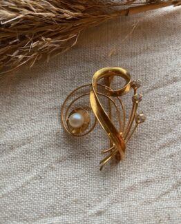 18K Vintage - Brosch med pärlor och vita stenar
